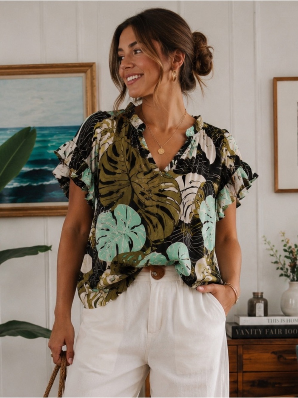 MOS MOSH Tropical Leaf Print Ruffle Sleeve Viscose Blouse Coastal Vacation Soft